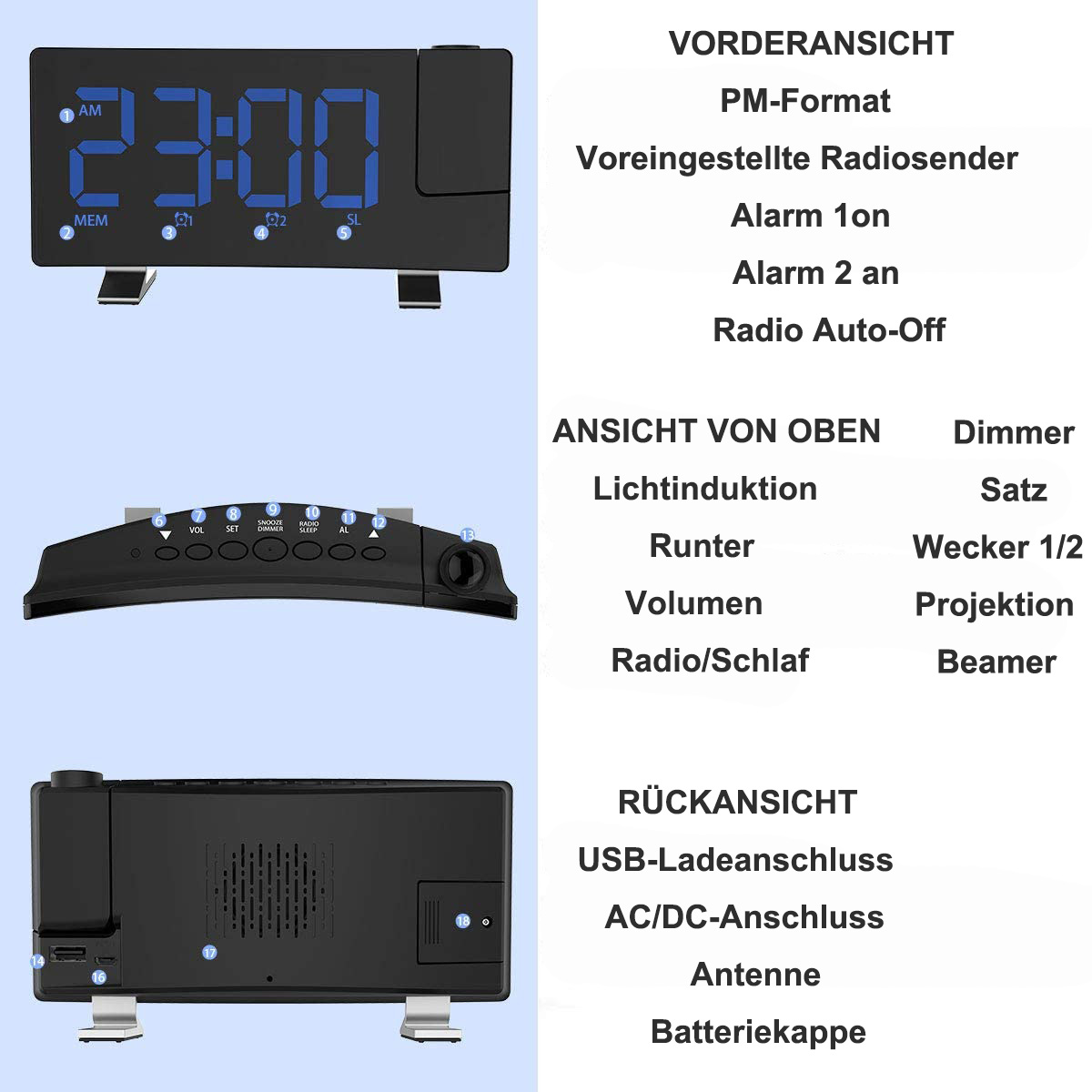 Digitaluhr mit Projektion, Radio und USB-Anschluss