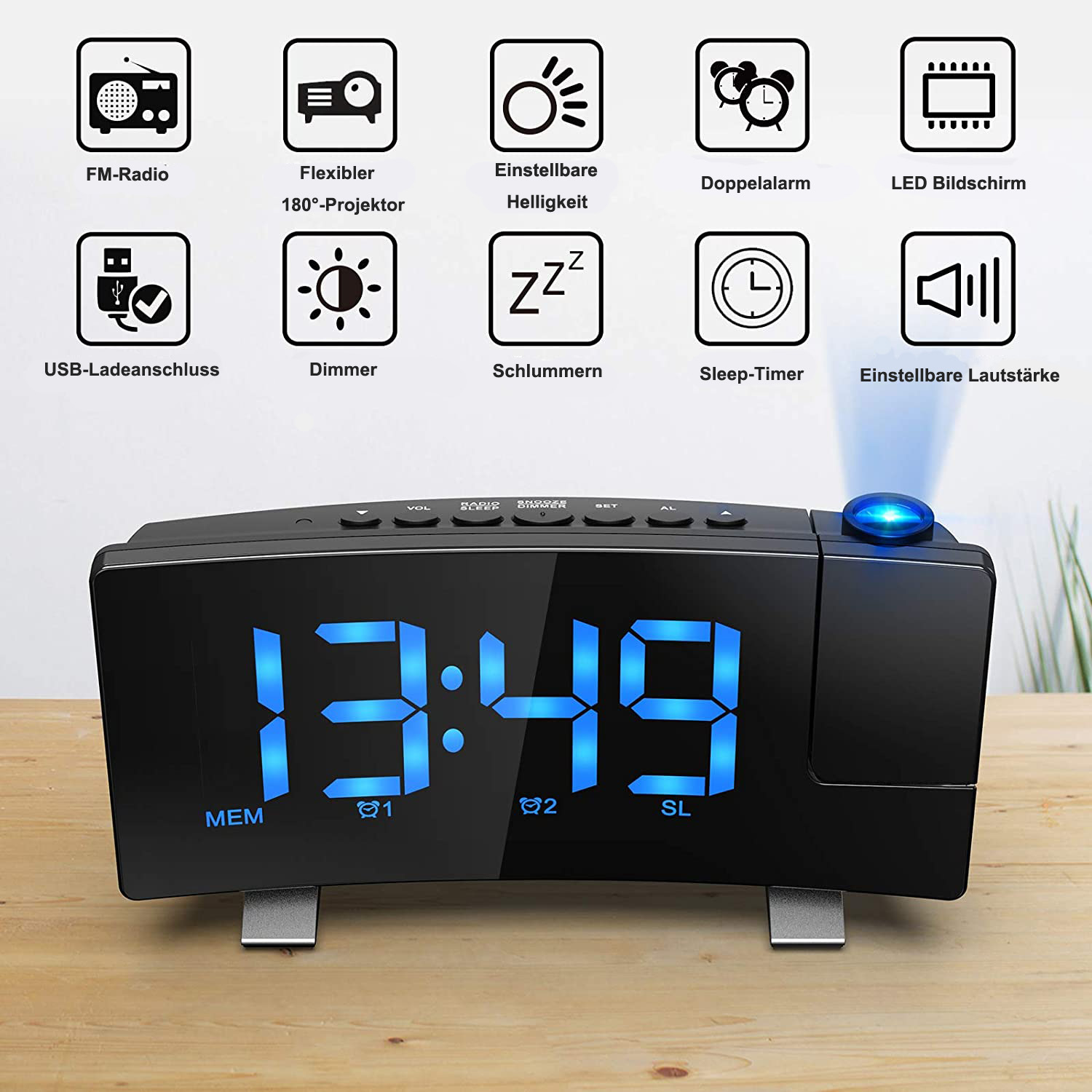 Ein schwarzer Digitalwecker mit Projektor zeigt 13:49 an. Icons zeigen Funktionen.