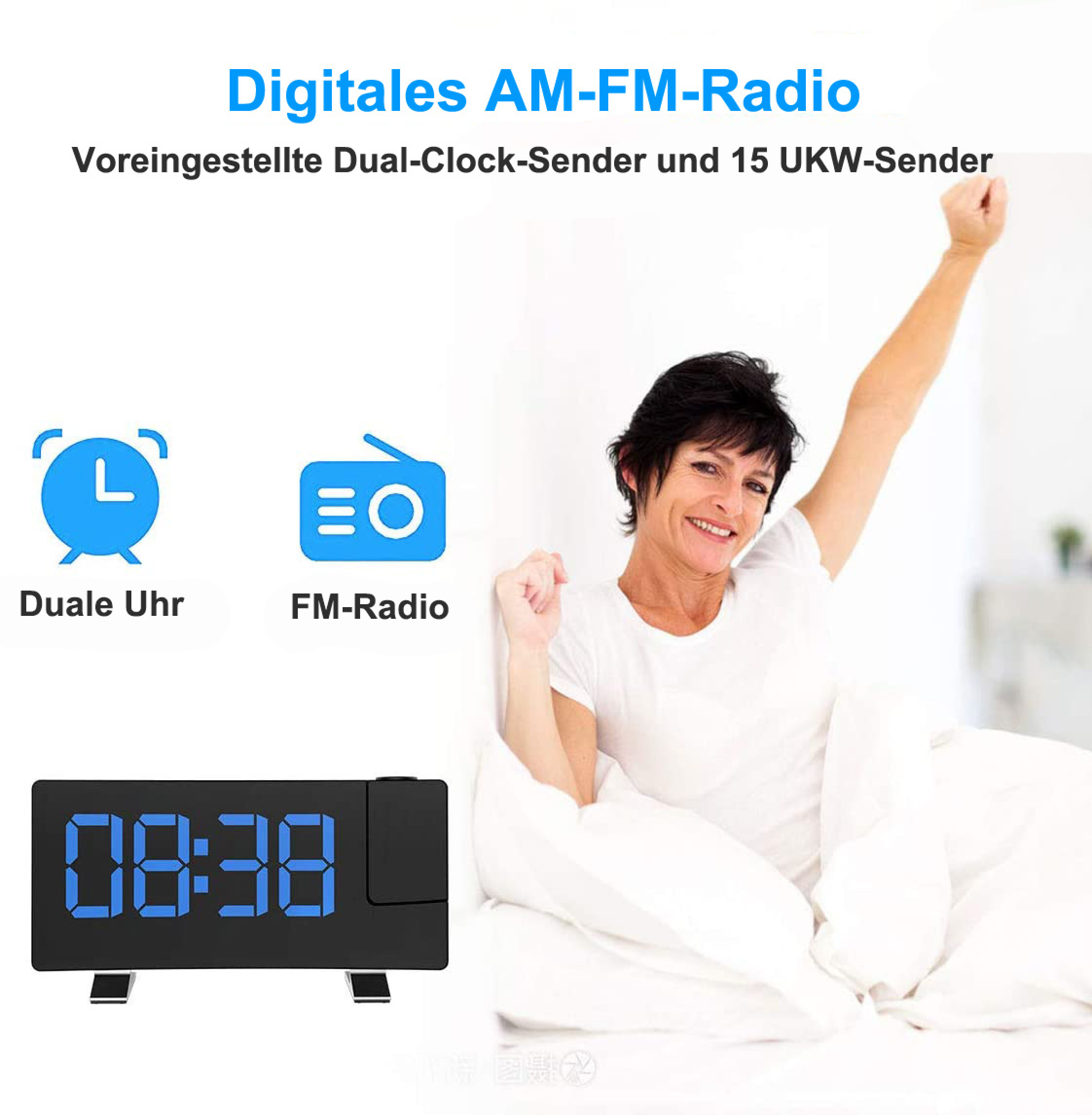 Frau im Bett streckt Arm, neben Digitalradio, Wecker und FM-Radio Symbol.