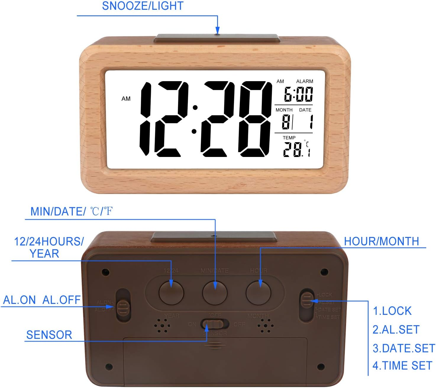 Digitaler Wecker aus Holz mit heller Anzeige für Zeit, Alarm, Datum und Temperatur.