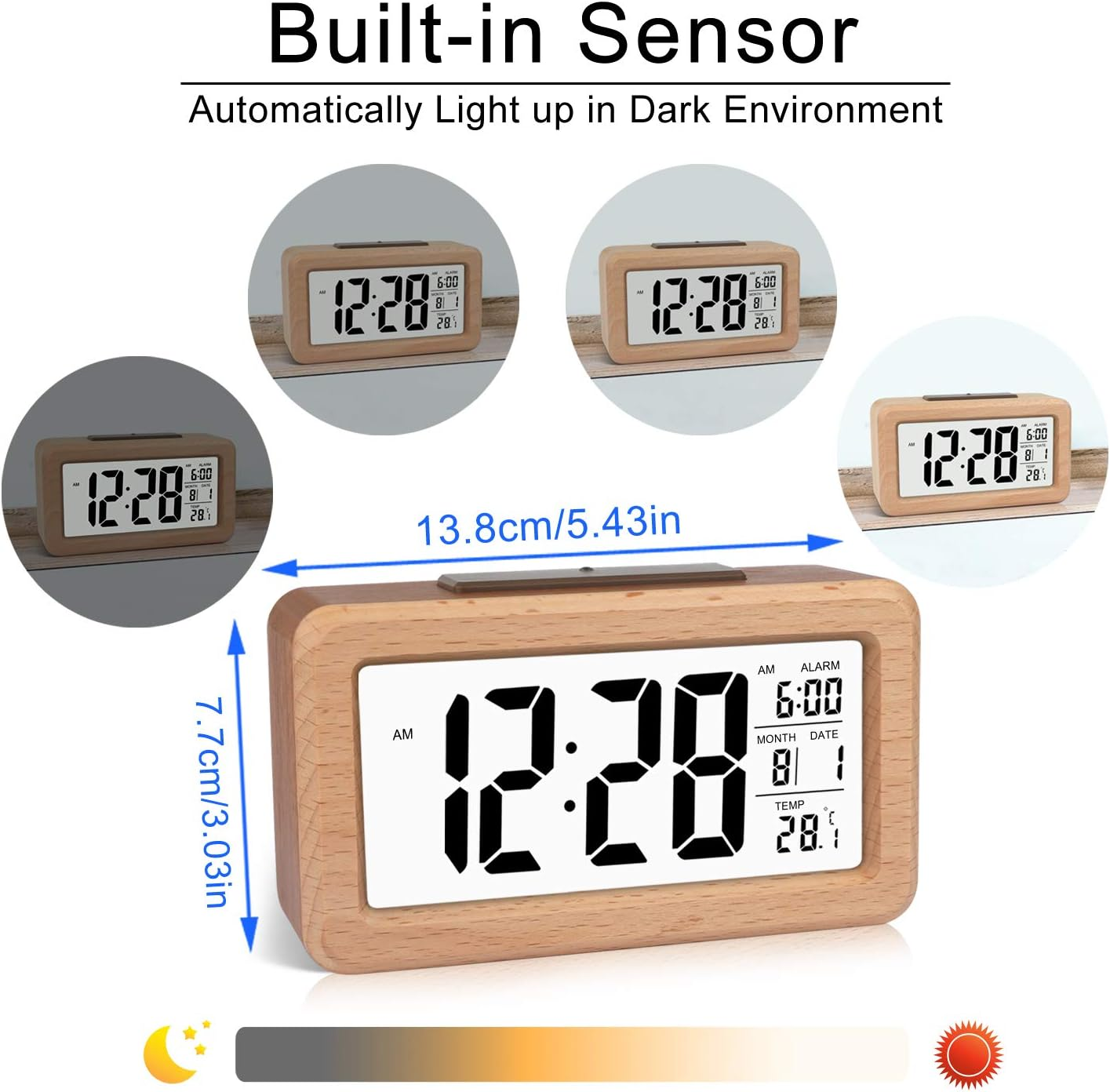 Ein Holzdigitalwecker zeigt 12:28 Uhr, Alarm 6:00 Uhr, Datum 8. Mai, Temperatur 28,1°C.