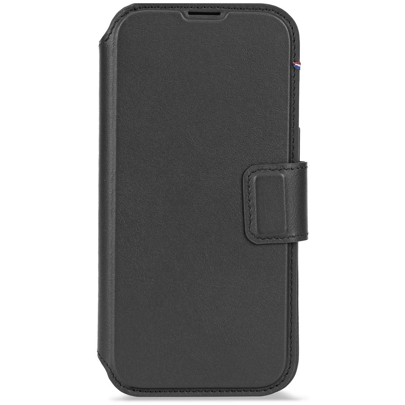 Custodia a libro in pelle nera per smartphone con una piccola bandiera rossa, bianca e blu.