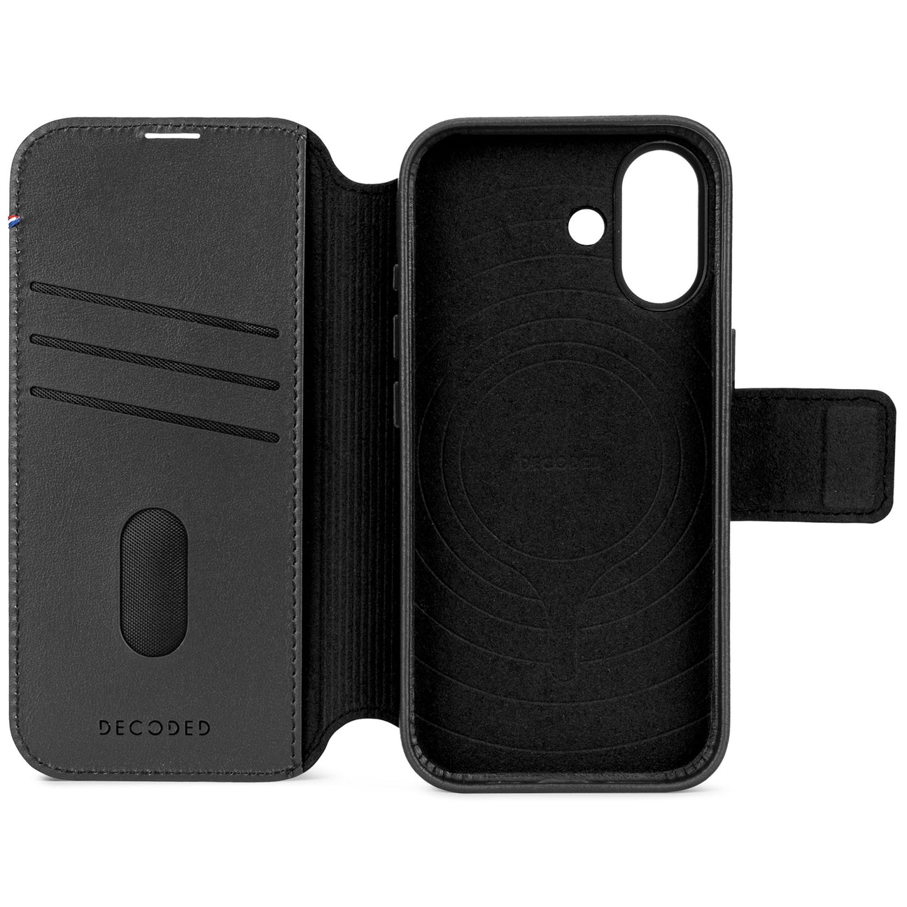 Custodia a libro in pelle nera per smartphone con slot.