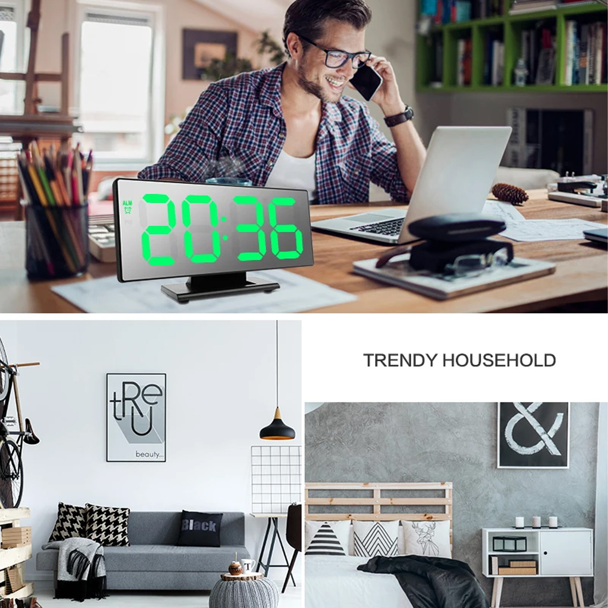 Mann am Telefon bei der Arbeit, digitaler Wecker, Wohnzimmer und Schlafzimmer.