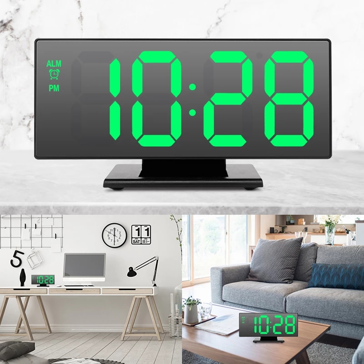 Digitaler Wecker zeigt 10:28 mit grünen Ziffern auf Marmoroberfläche.