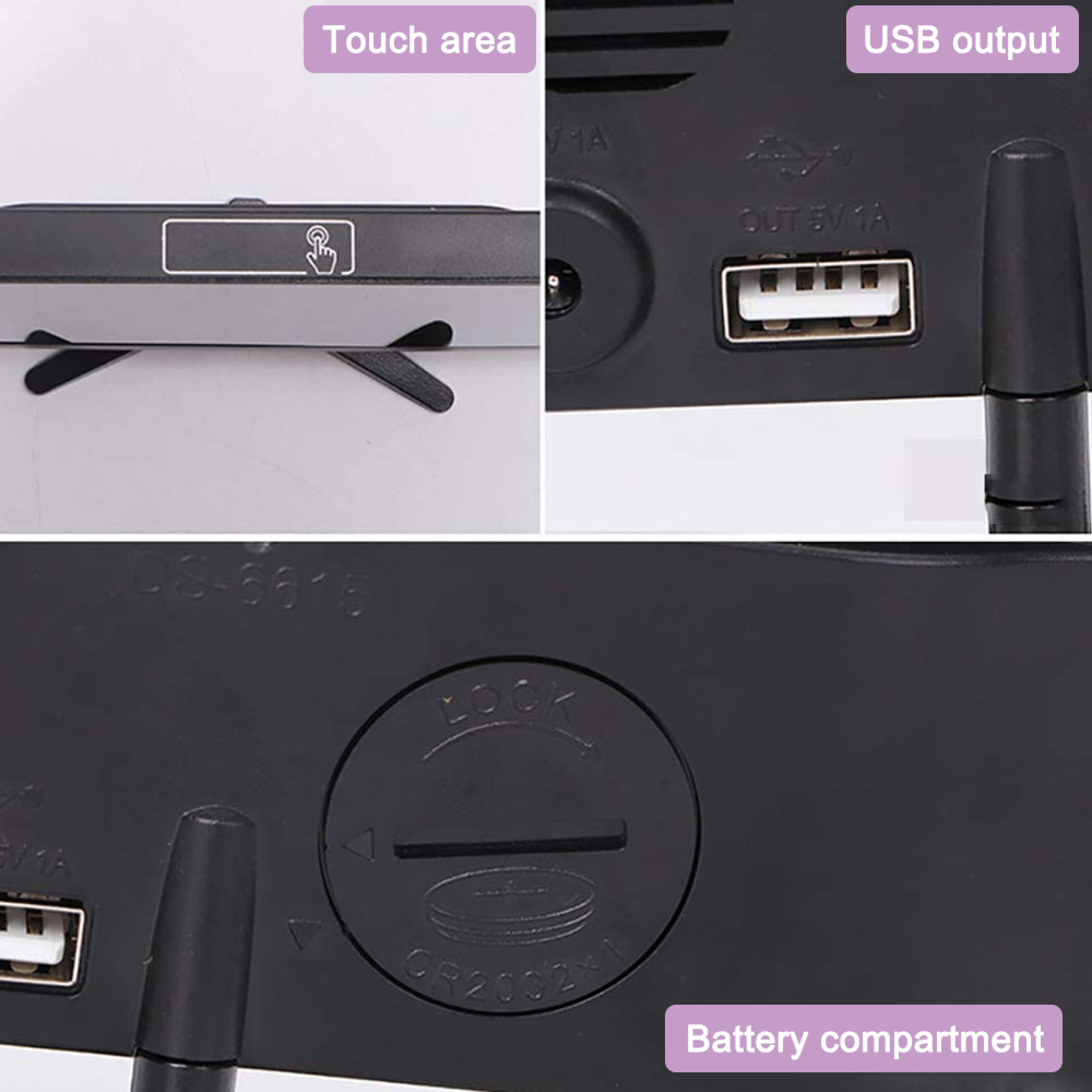 Collage zeigt Geräte-Touch-Bereich oben, USB-Ausgang und Batteriefach.