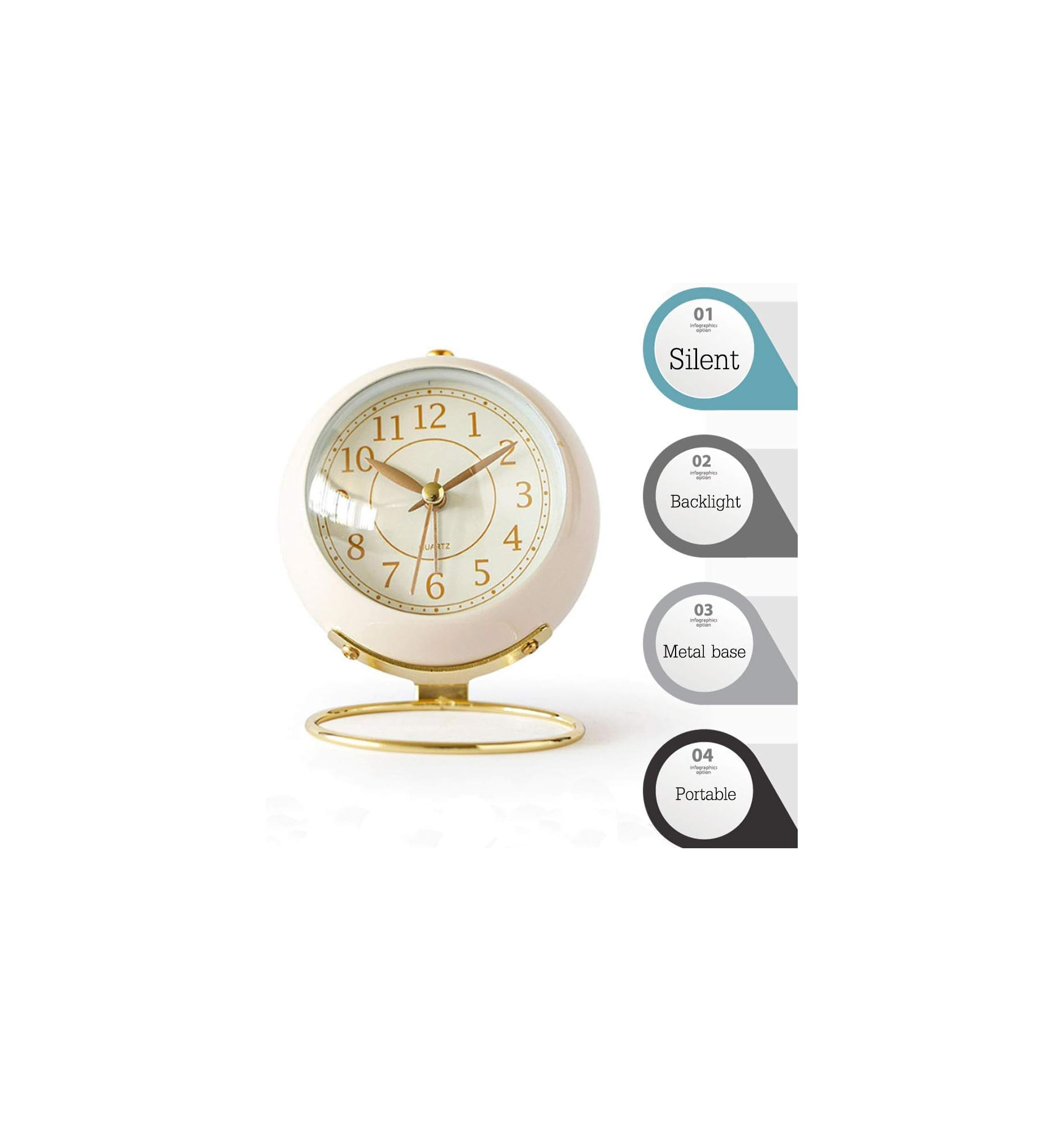 Eine cremefarbene Weckeruhr mit goldenem Ständer und Zifferblatt.