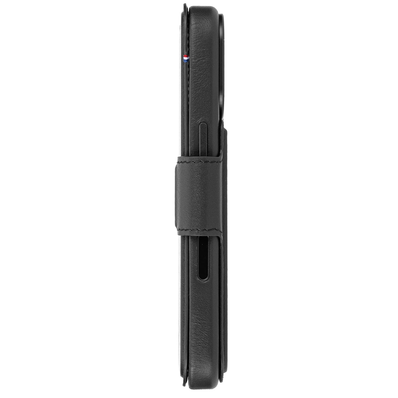 Custodia in pelle nera per smartphone con striscia rossa, bianca e blu in alto.
