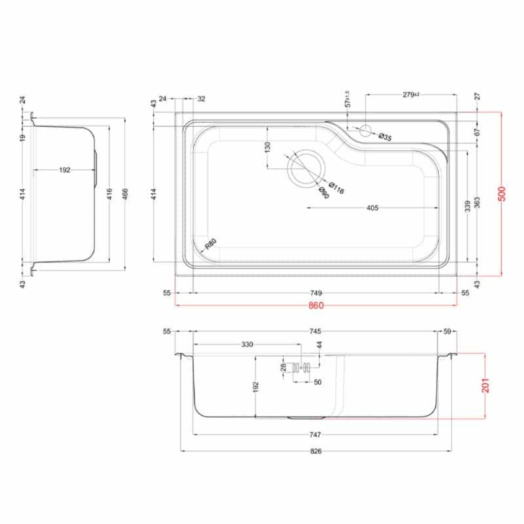 Disegno tecnico di un lavello con dimensioni e dettagli.