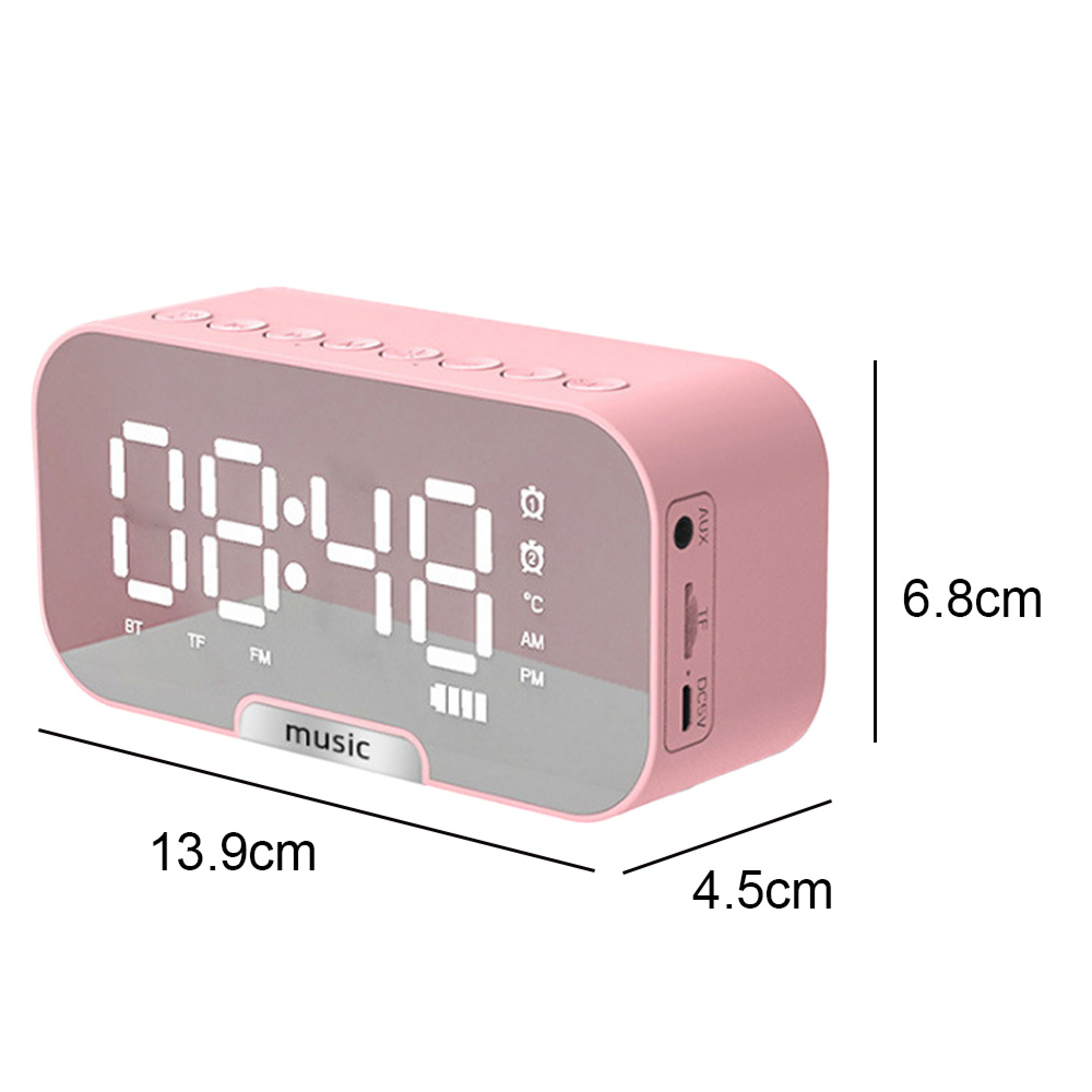 Ein rosafarbener Digitalwecker mit Anzeige 08:48, AUX, TF, DC5V Anschlüssen.