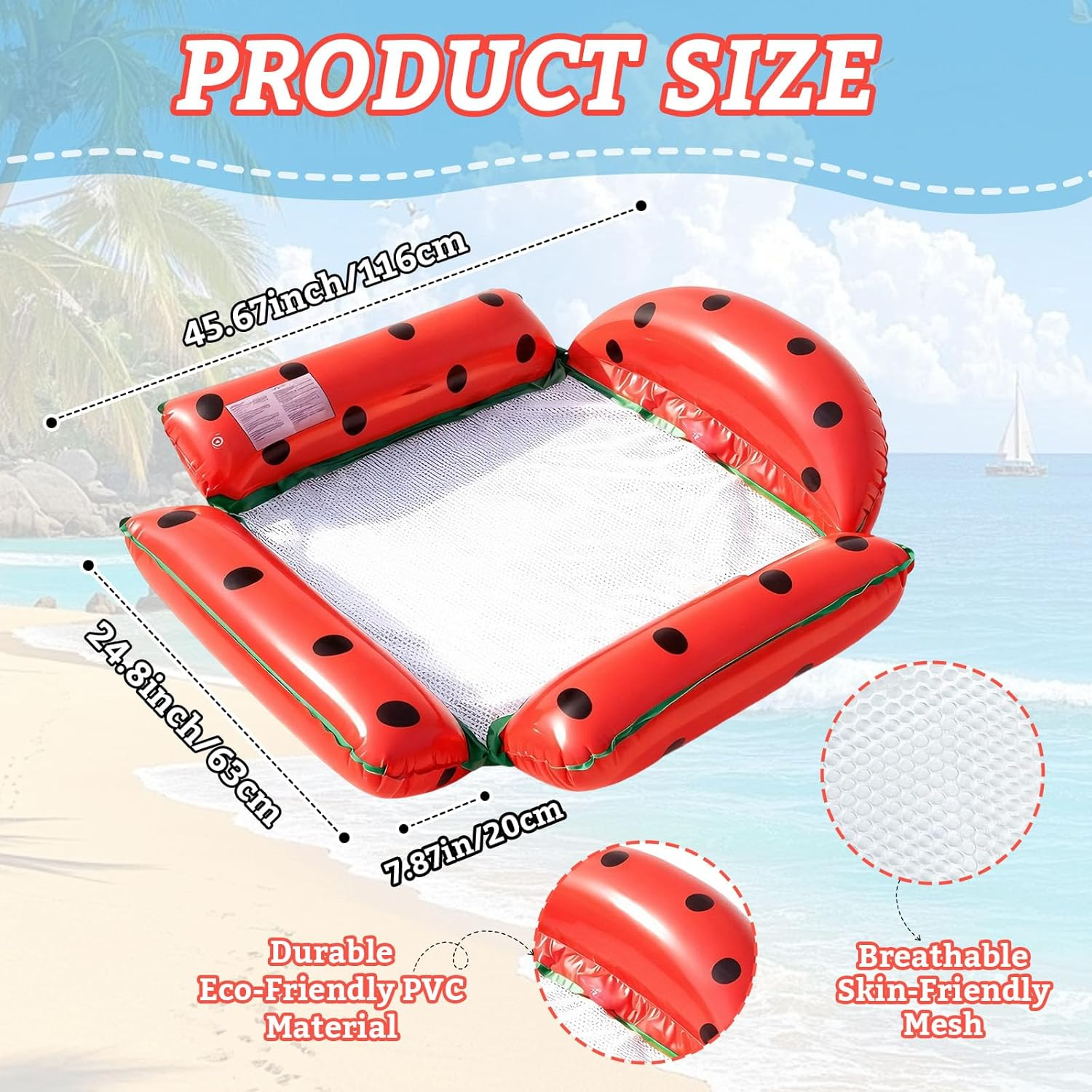 Aufblasbare Pool-Schwimmhilfe in Rot, Marienkäfer-Thema, Maße angegeben. Strandkulisse.