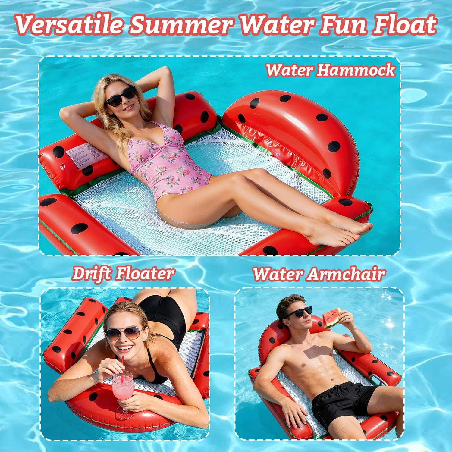 Drei aufblasbare Wasserflöße in Form von Wassermelonen: eine Hängematte, ein Treibfloß und ein Sessel.