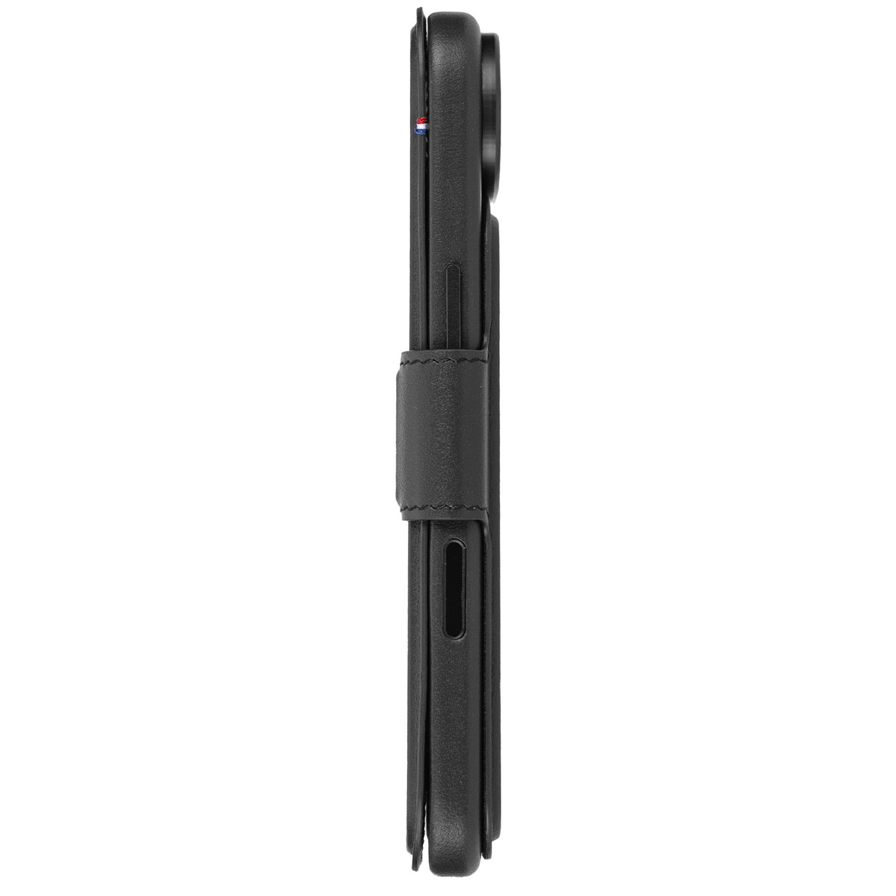 Custodia flip in pelle nera con chiusura magnetica, vista laterale.
