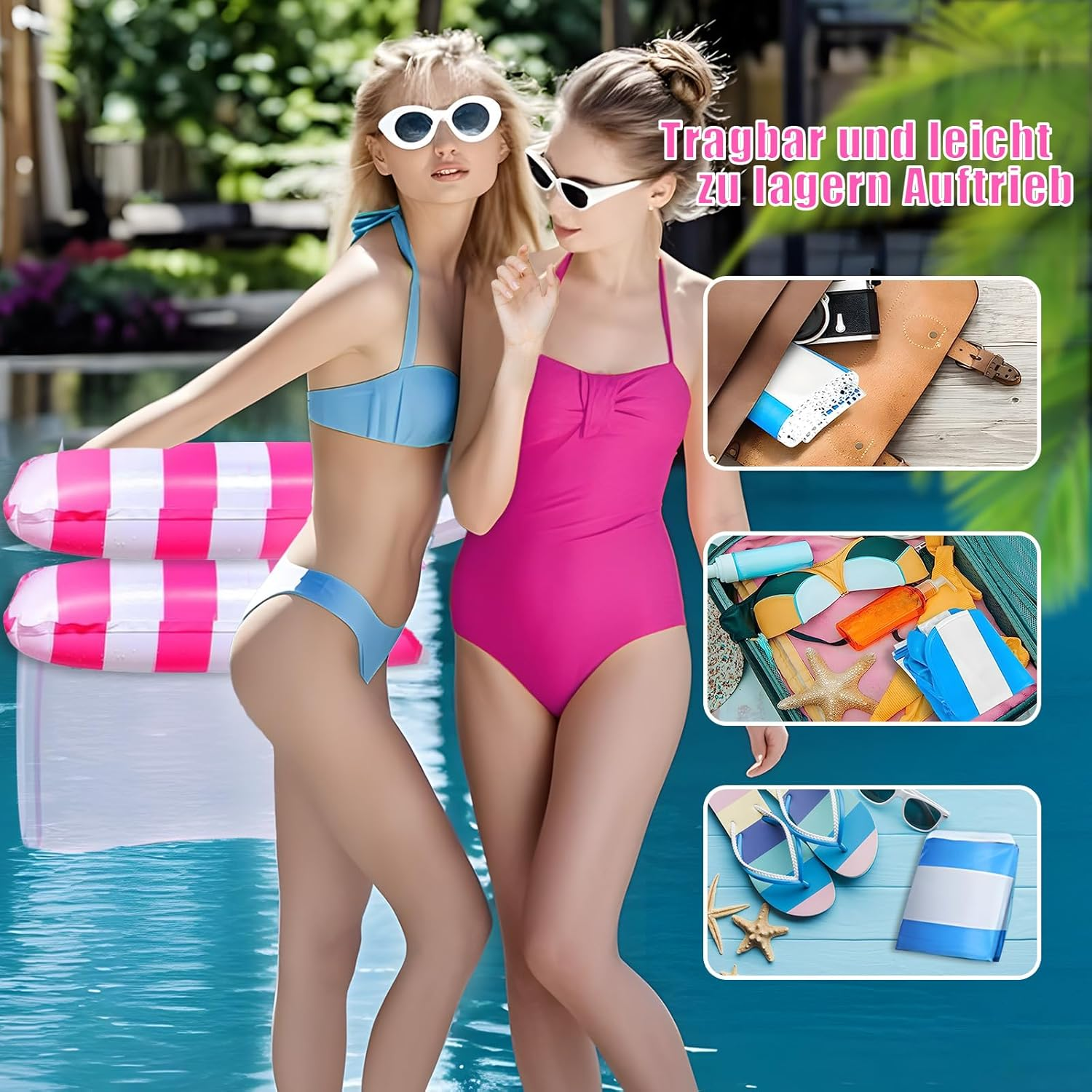 Zwei Frauen im Bikini am Pool mit aufblasbarem Schwimmtier, Strandkleidung und Flip-Flops.
