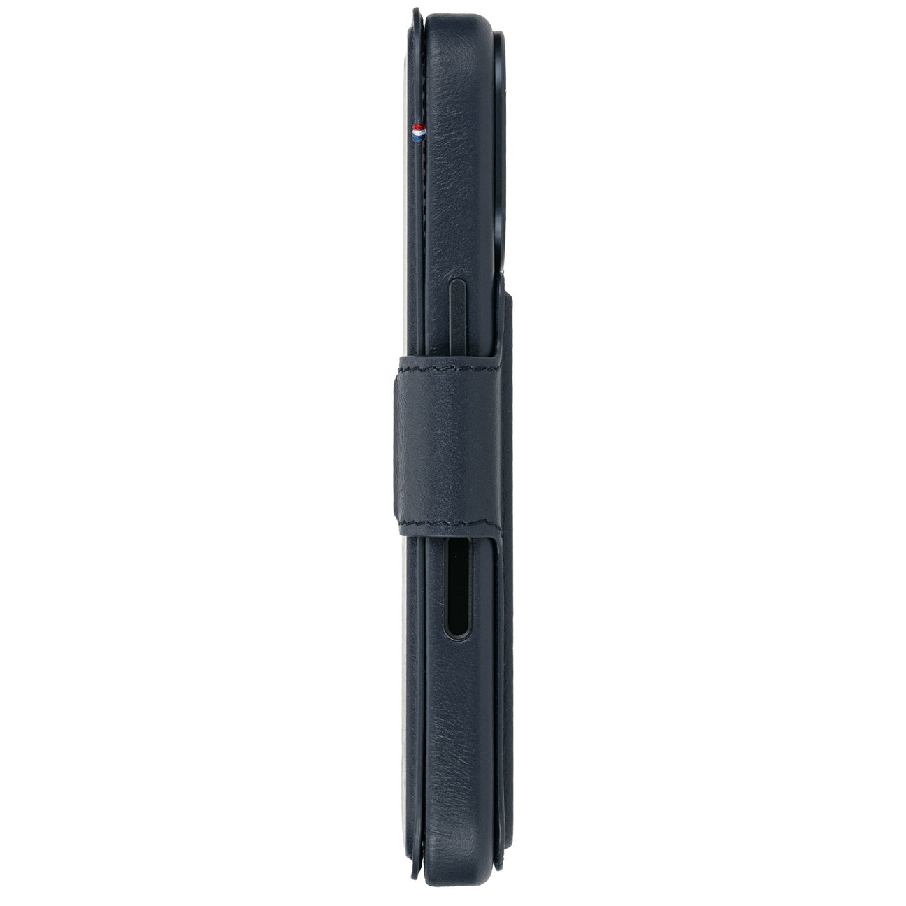 Custodia in pelle blu scuro per smartphone, vista di lato.