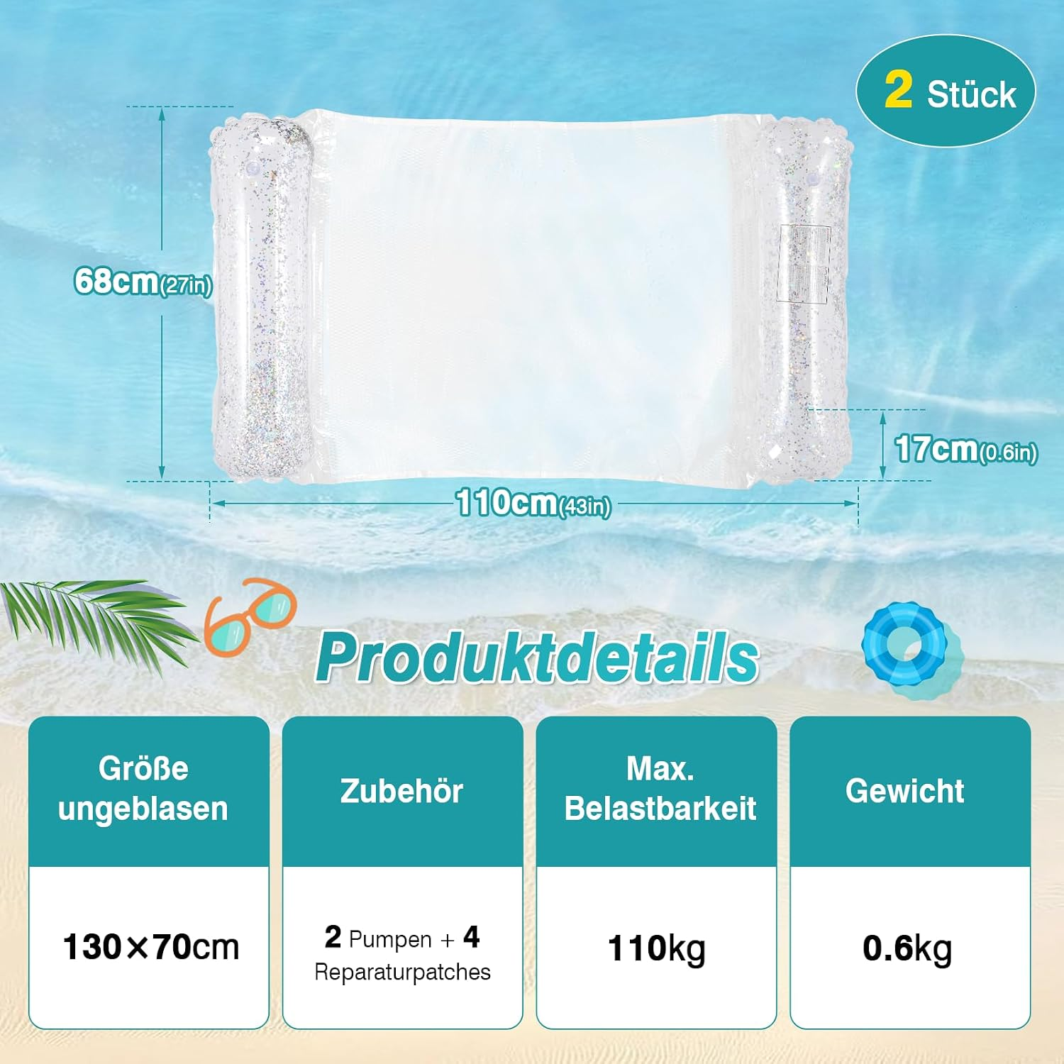 Aufblasbare Poolliege, 110cm breit, 68cm hoch, 17cm dick. Inkl. 2 Pumpen, 4 Flicken.