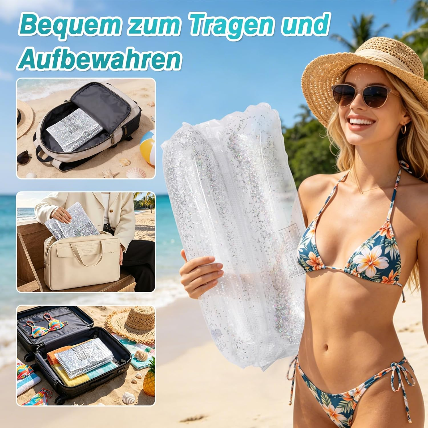 Frau am Strand mit aufblasbarem Schwimmring, Rucksack, Tasche und Koffer.