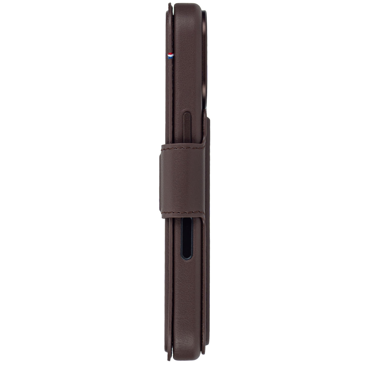 Custodia in pelle marrone scuro per smartphone, vista laterale.