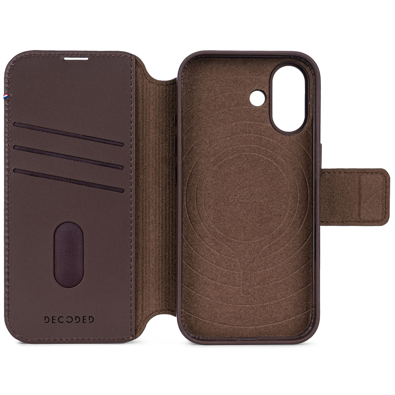 Custodia in pelle marrone per smartphone, aperta, con slot per carte.