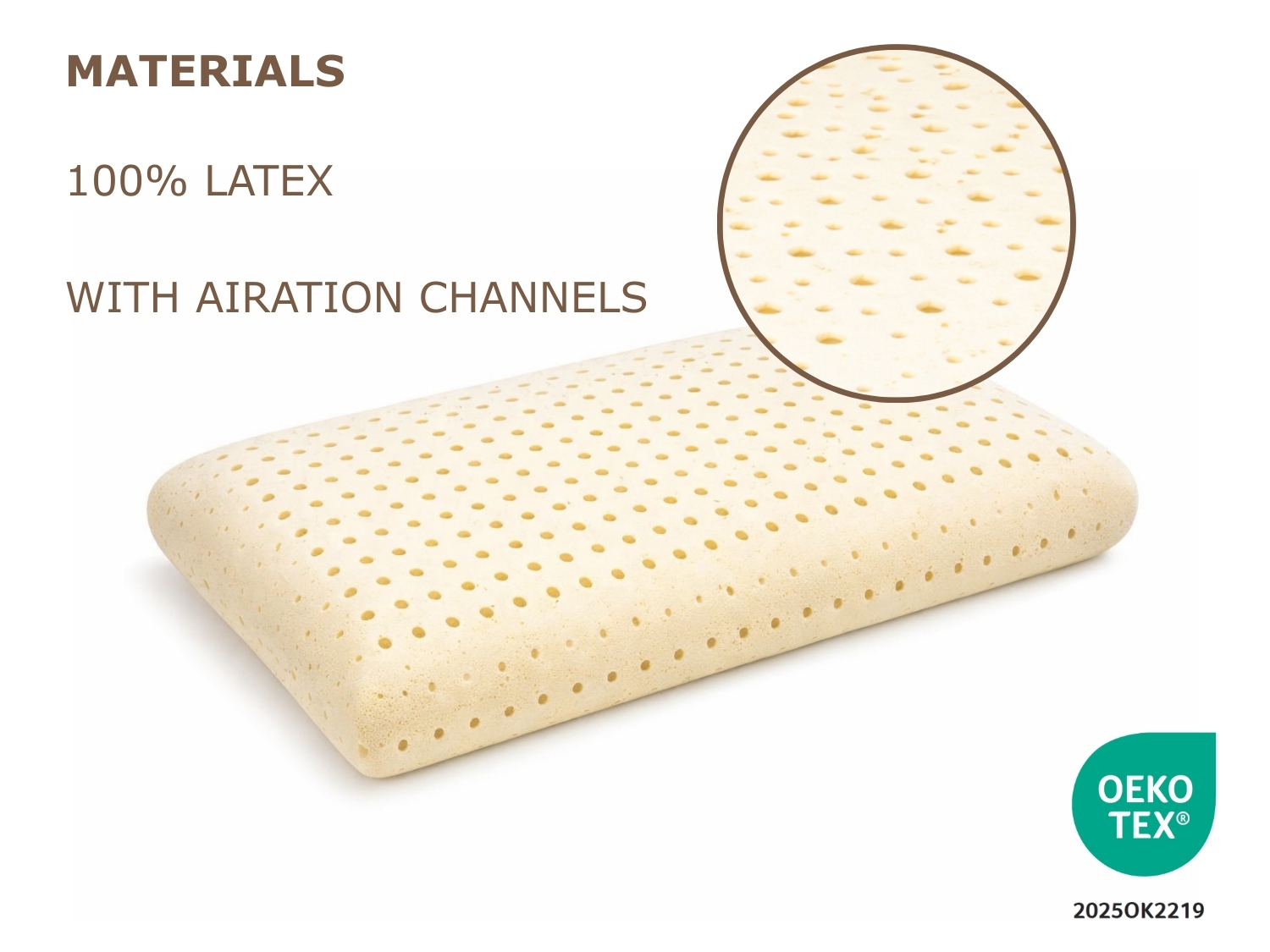 Una almohada de látex beige con muchos agujeros pequeños para ventilación.