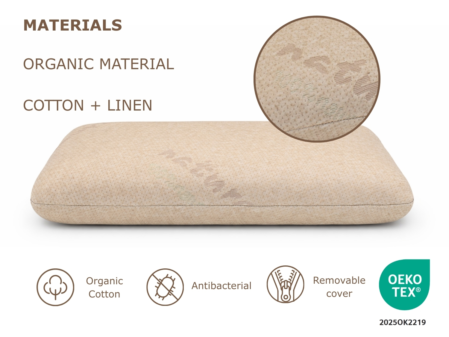 Una almohada beige de algodón y lino, con iconos de orgánico, antibacteriano y funda extraíble.