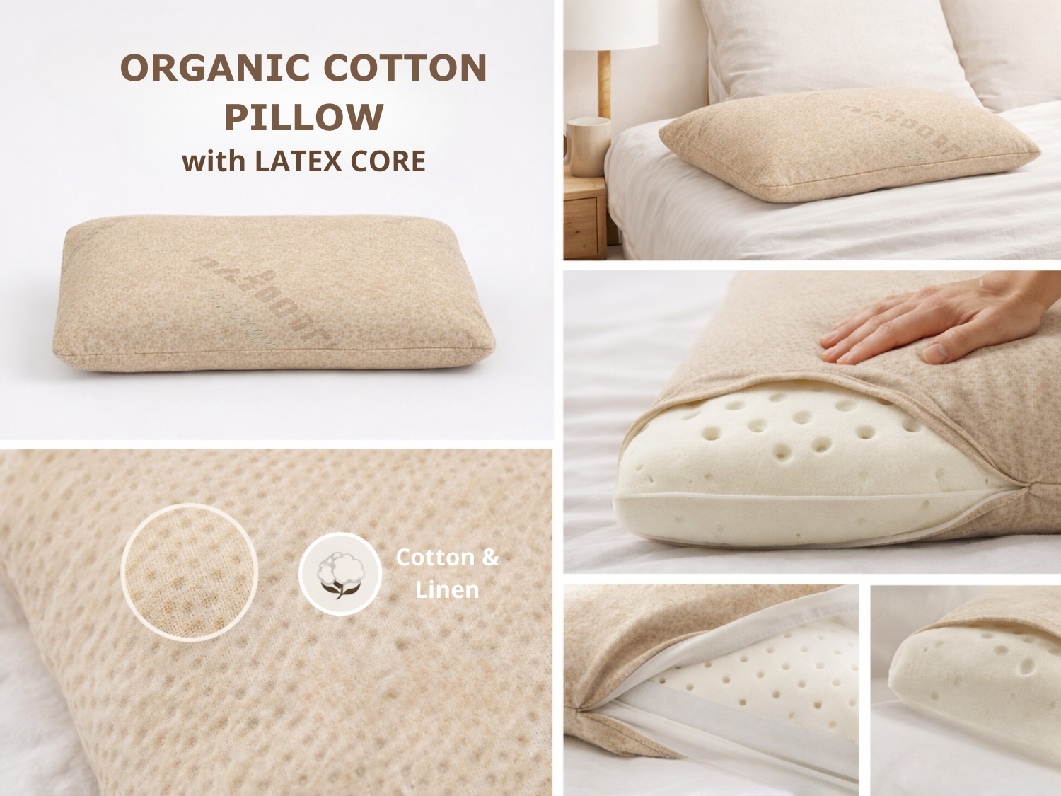 Almohada con núcleo de látex, funda de algodón y lino, ventilada.