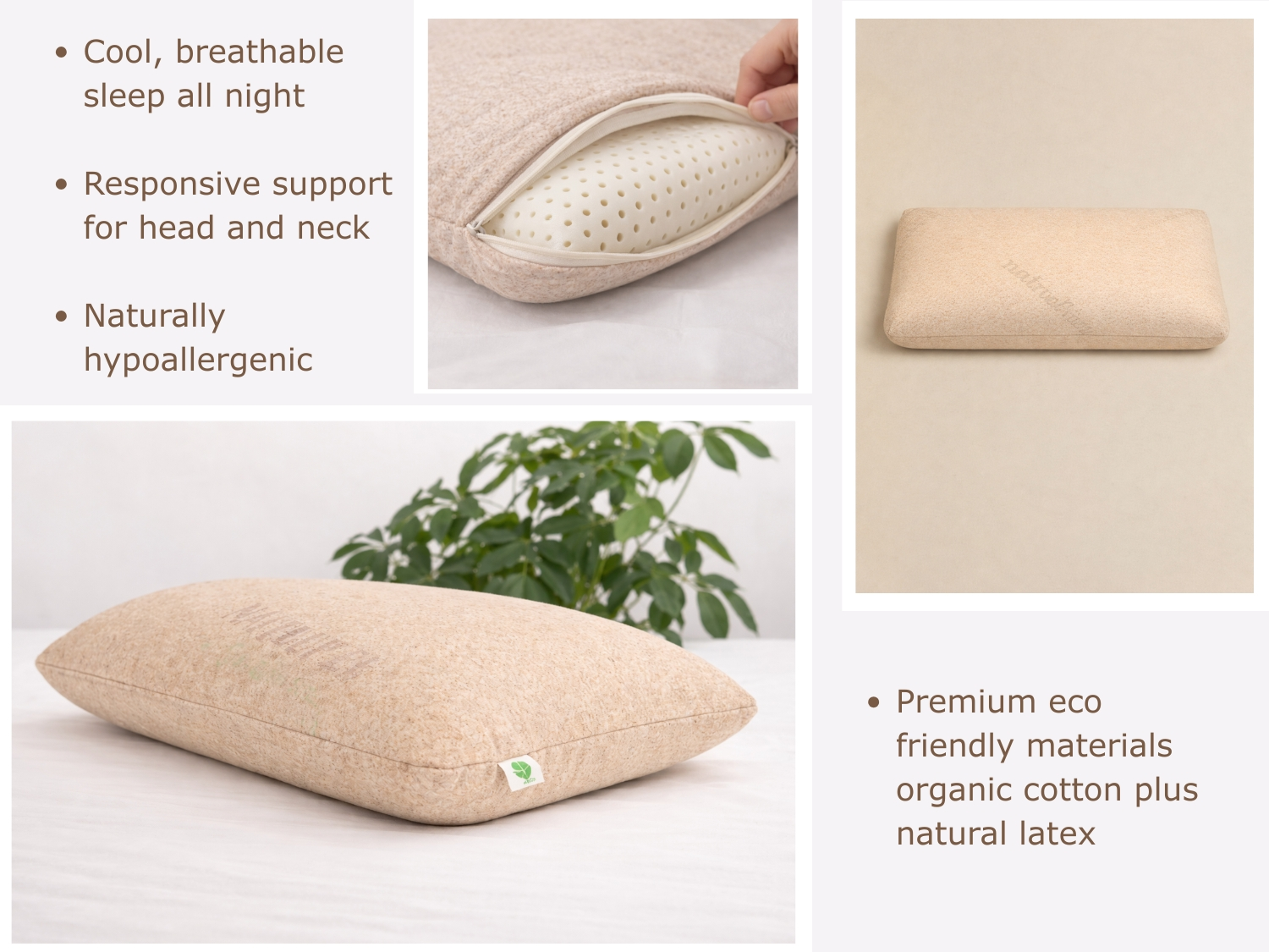 Se muestra una almohada beige, con una mano abriendo la cremallera para revelar el interior perforado.