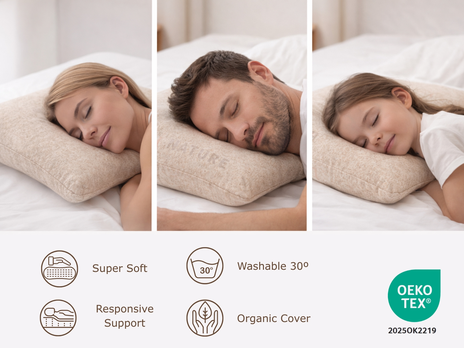 Mujer, hombre y niño durmiendo en almohadas. Iconos muestran características.
