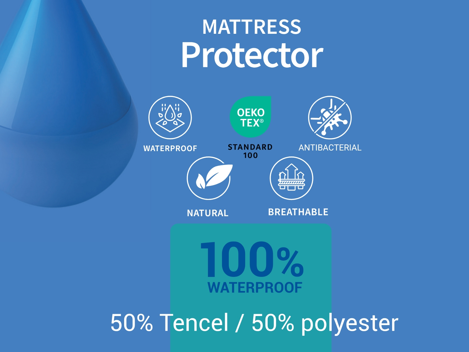 Protector de colchón con iconos de impermeable, antibacteriano, natural, transpirable.