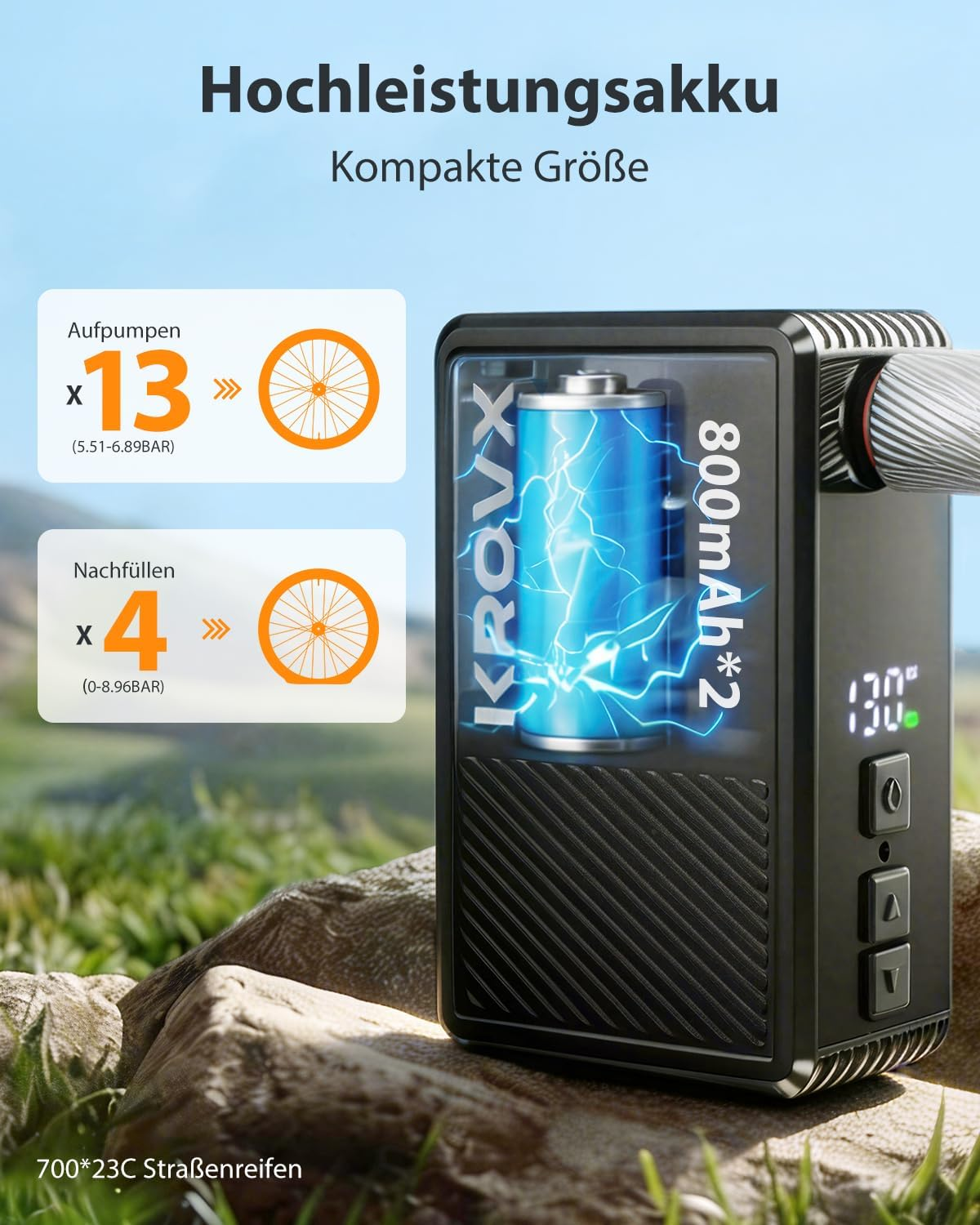 Ein schwarzer Akku mit zwei blauen Batterien, der 13x aufpumpen kann.