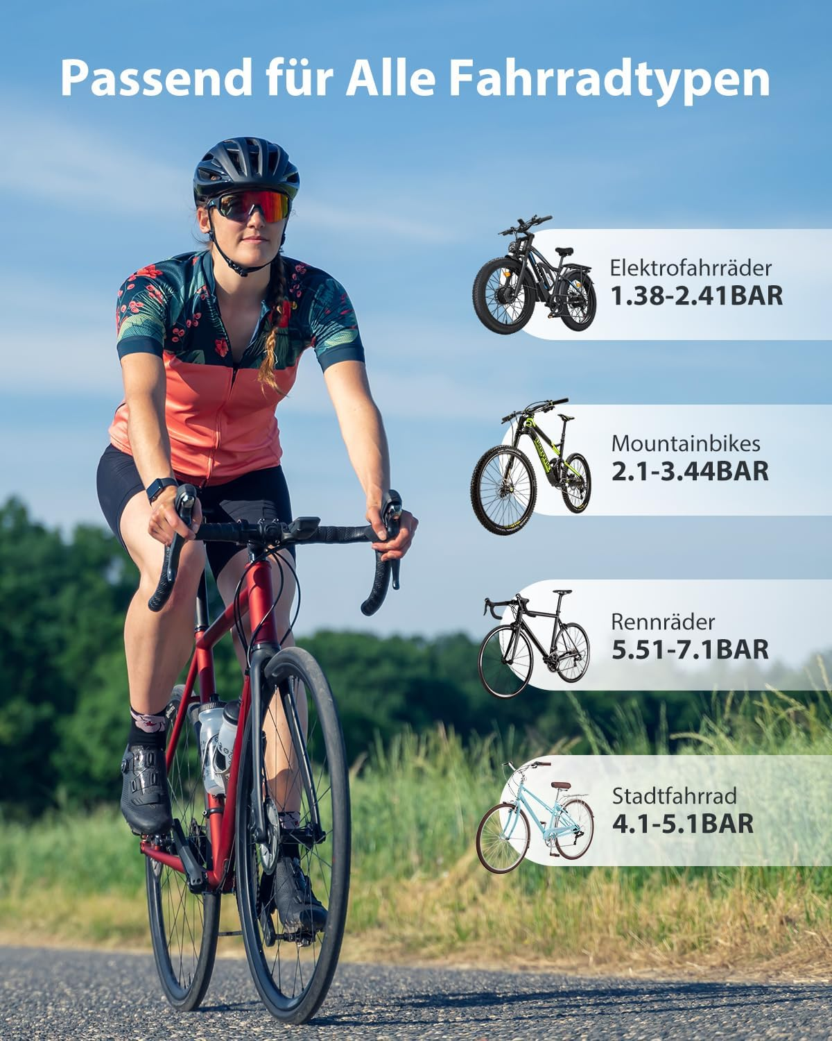 Eine Frau fährt ein rotes Fahrrad, daneben sind E-Bikes, Mountainbikes, Rennräder & Stadträder.