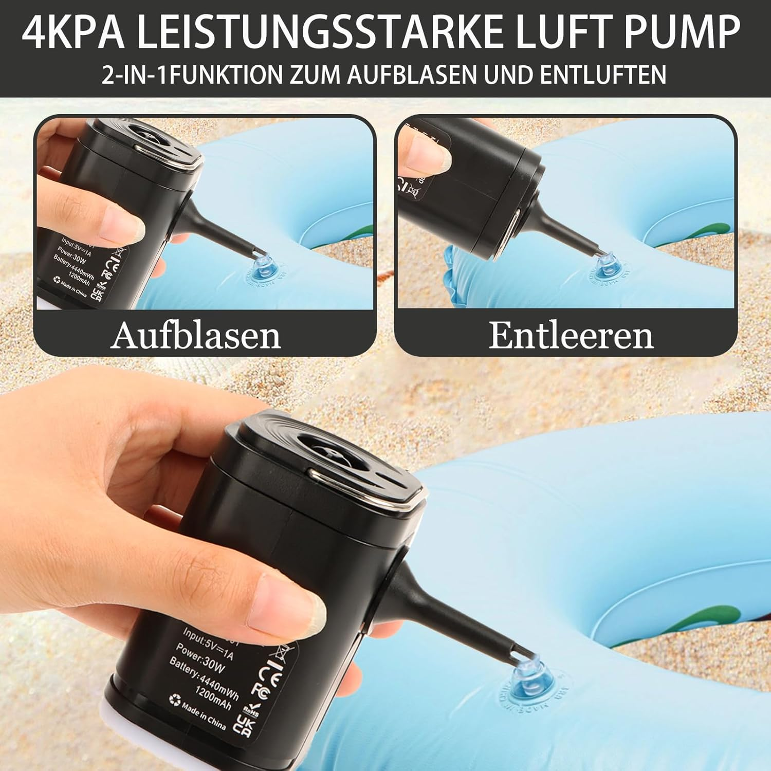 Schwarze Luftpumpe wird zum Aufblasen eines blauen aufblasbaren Gegenstands verwendet.