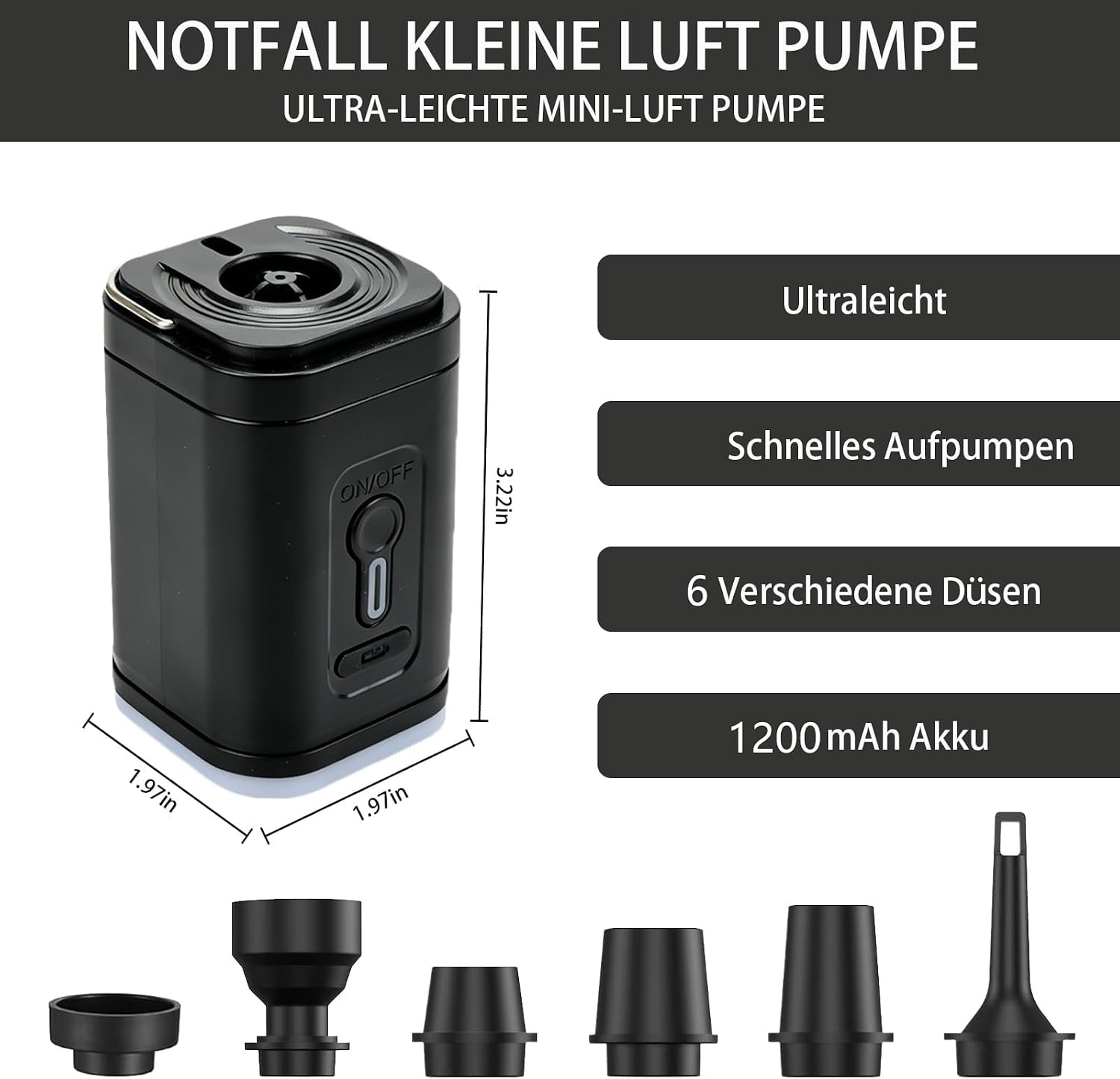 Kompakte schwarze Luftpumpe mit Zubehör und Maßen.
