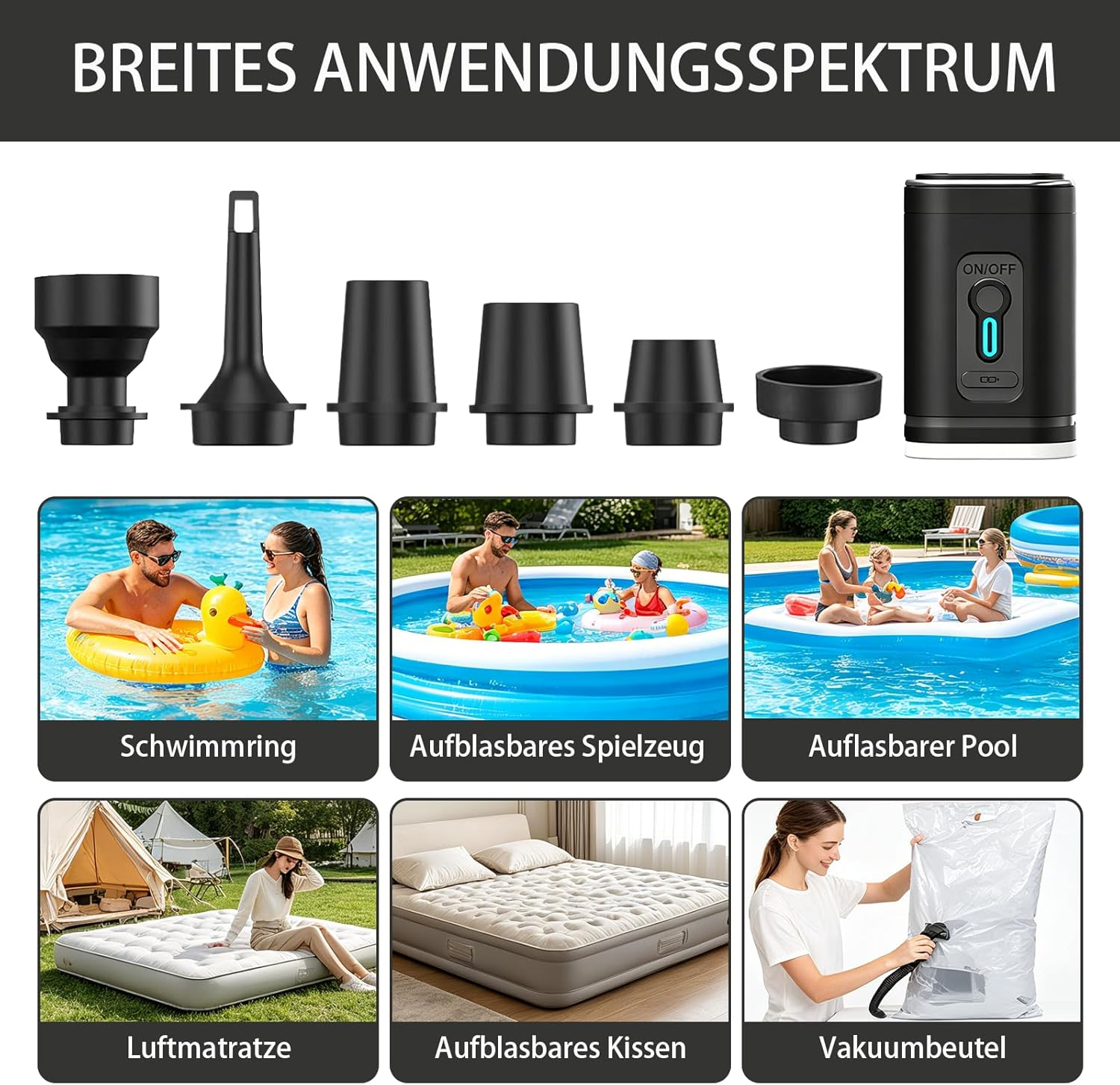 Elektrische Pumpe mit Zubehör, die Schwimmringe, Poolspielzeug, Pools, Luftmatratzen und Vakuumbeutel aufbläst.
