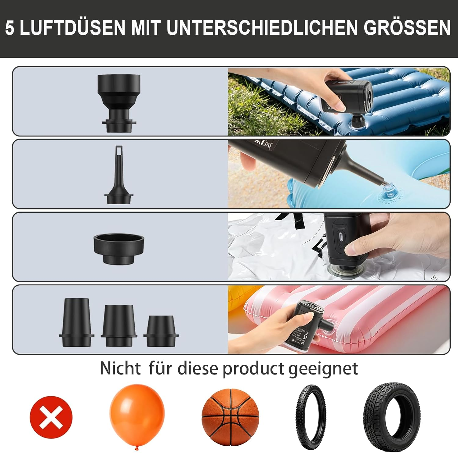 Fünf Luftdüsen und Anwendungen zum Aufpumpen von Matratzen und Spielzeug.