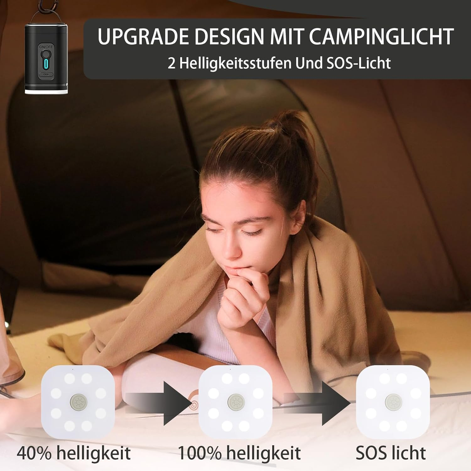 Ein Mädchen in einem Zelt mit einer Campinglampe und drei Helligkeitsstufen.