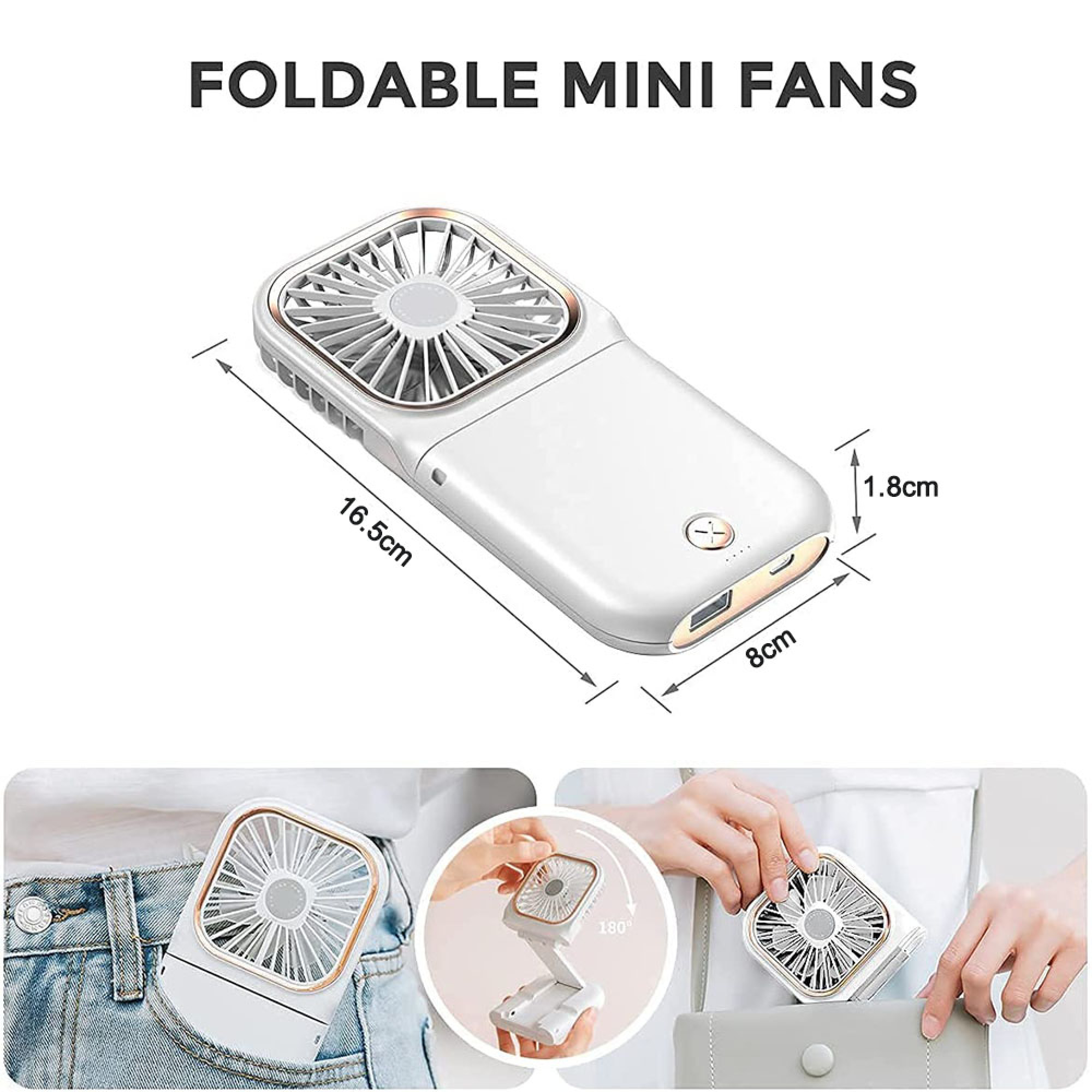 Ein weißer, faltbarer Mini-Ventilator mit Maßen und Anwendungsbeispielen.