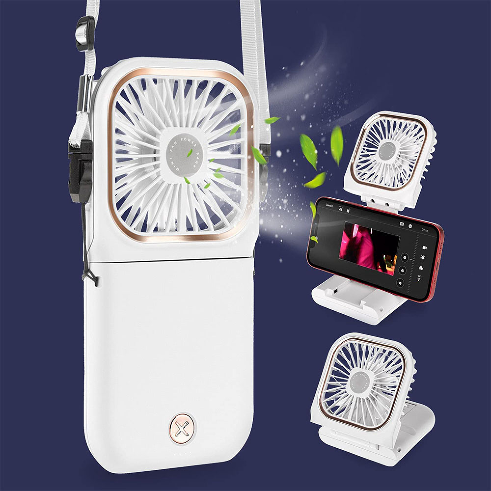 Tragbarer weißer Ventilator mit Halsriemen, daneben ein Smartphone auf einem Ständer.