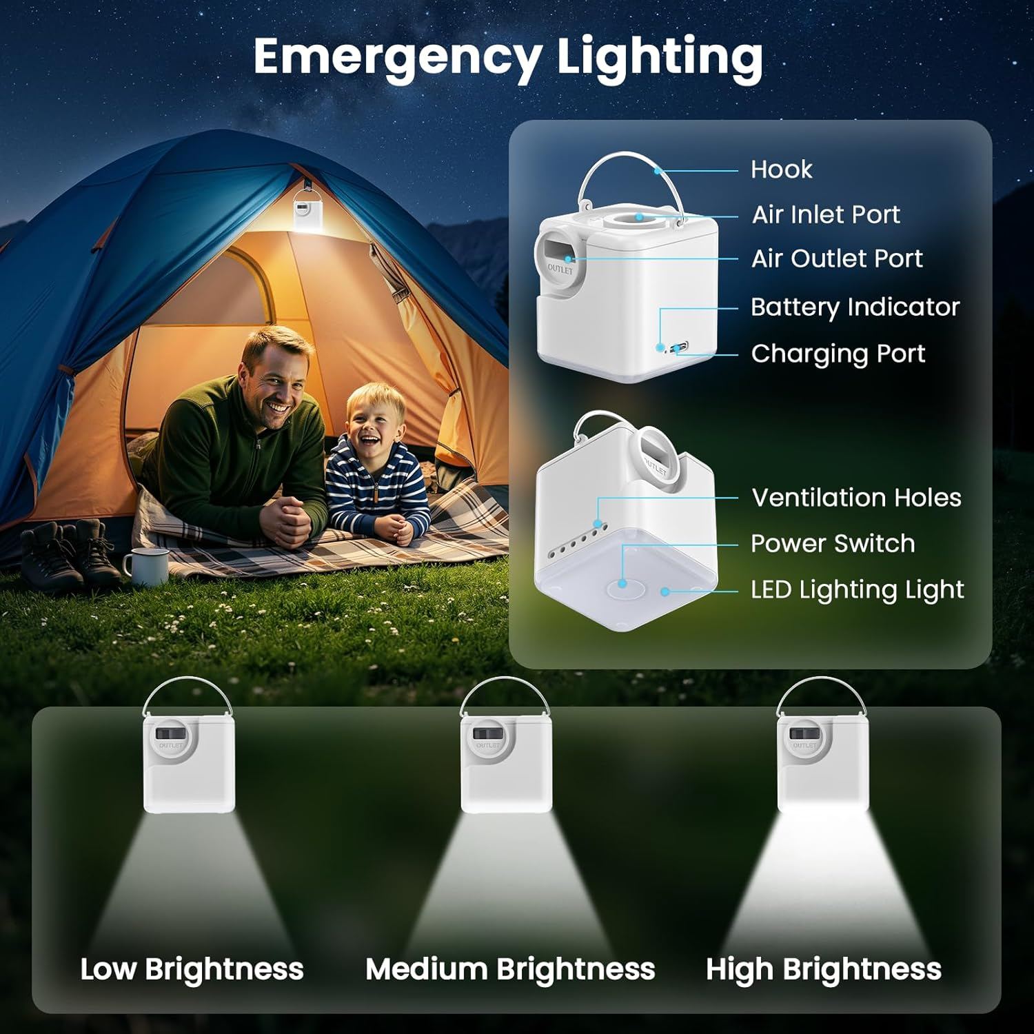 Notbeleuchtung: Mann und Kind im Zelt. Weiße Lampe mit Haken und Ladeanschluss.