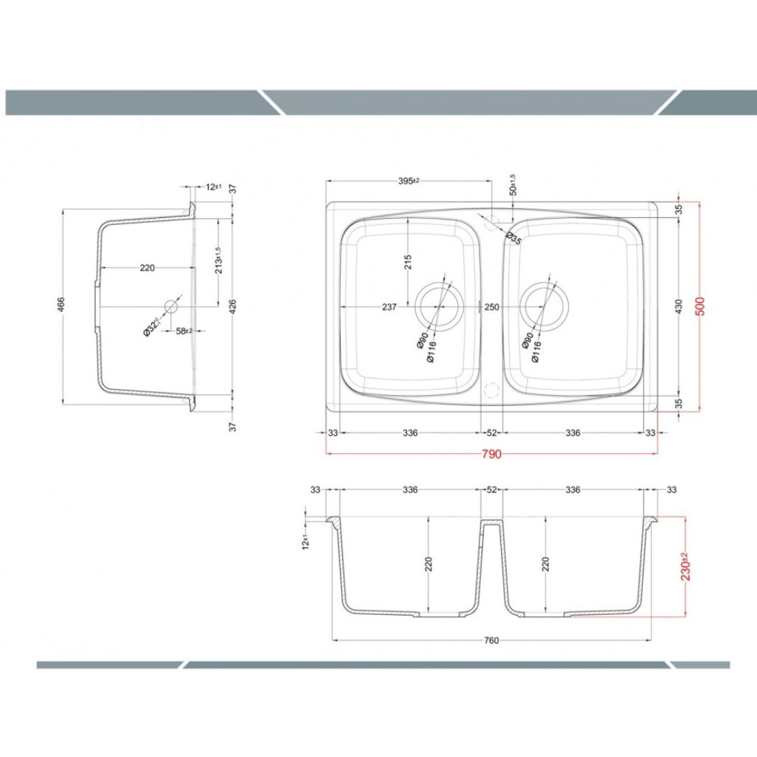 Disegno tecnico di un doppio lavello con dimensioni e viste.