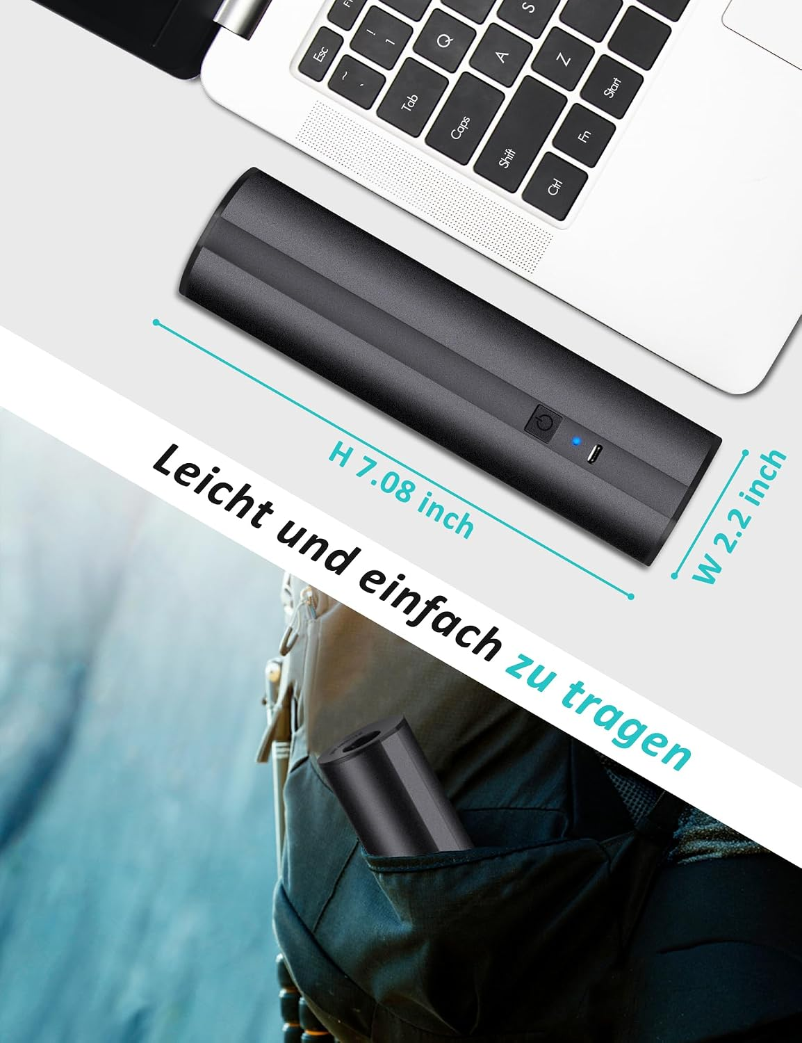 Schwarzer zylindrischer Gegenstand neben Laptop-Tastatur und in Tasche.