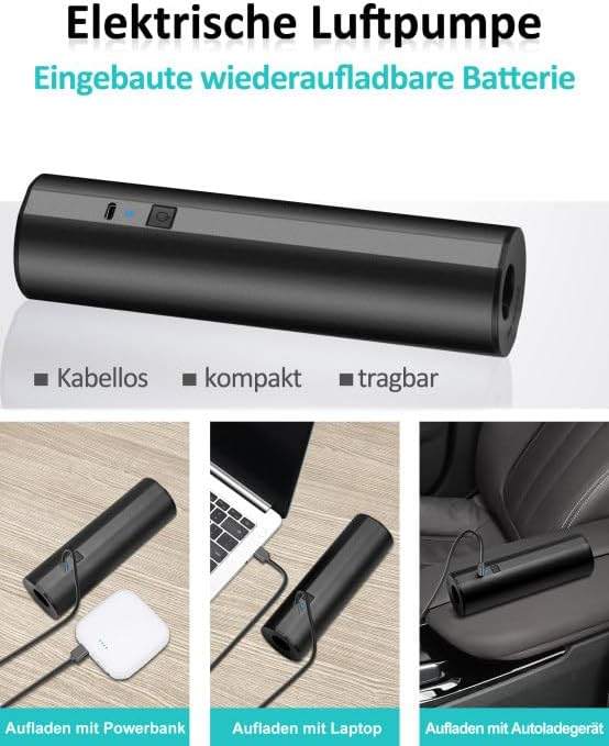 Schwarze elektrische Luftpumpe mit Ladeoptionen: Powerbank, Laptop, Autoladegerät.
