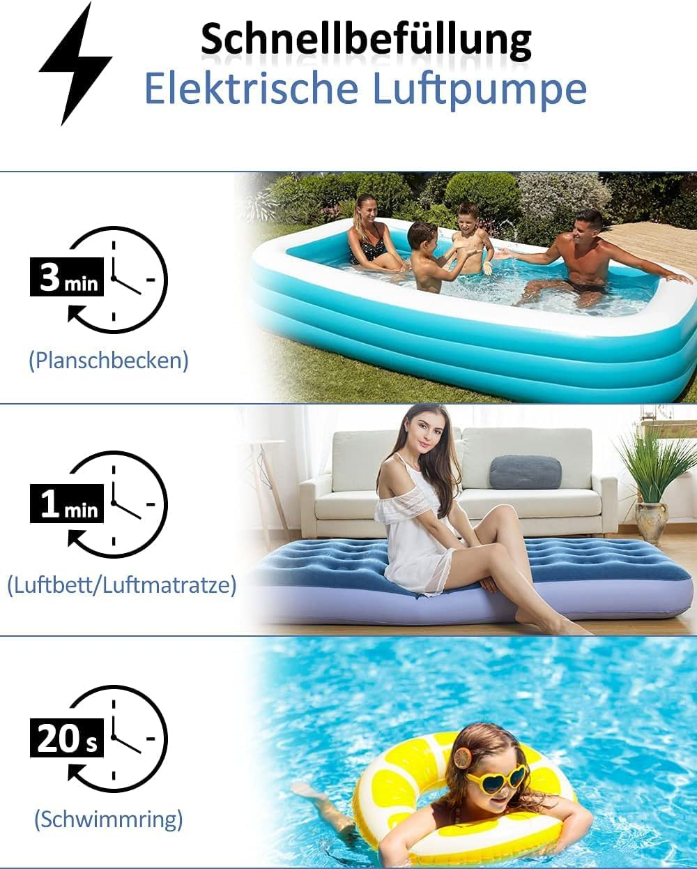 Schnelle Befüllung von Pool, Luftmatratze und Schwimmring mit elektrischer Pumpe.