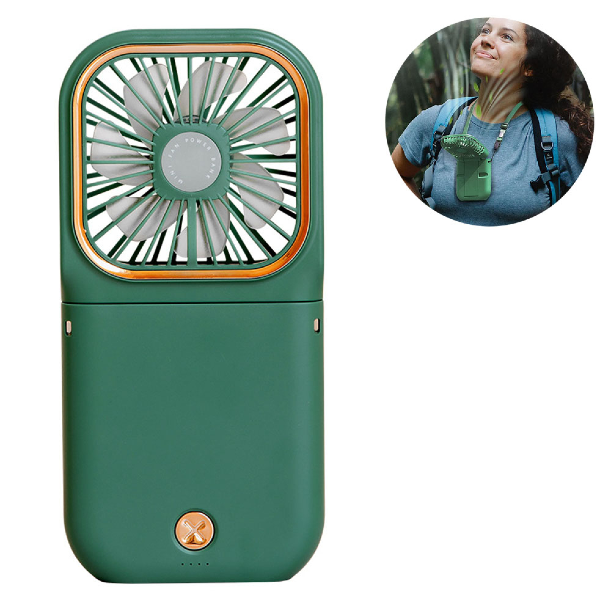 Grüner Nackenventilator mit orangefarbenem Rand, neben einer Frau mit Rucksack im Wald.
