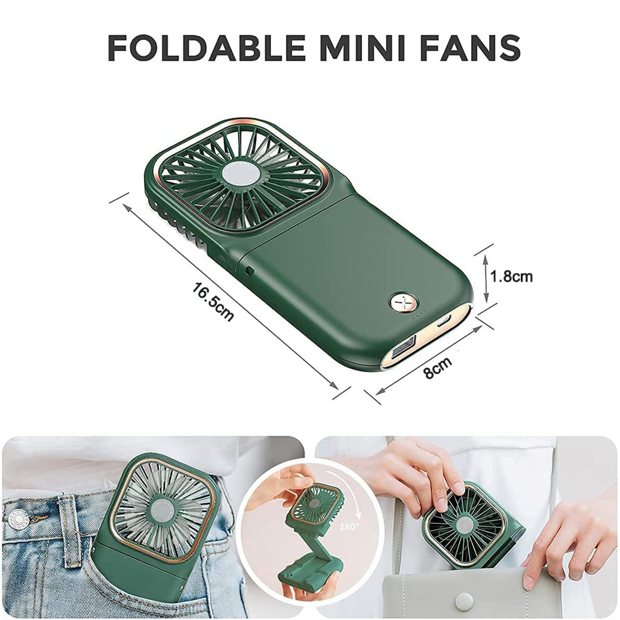Ein faltbarer Mini-Ventilator in Dunkelgrün mit Maßen 16,5 x 8 x 1,8 cm.