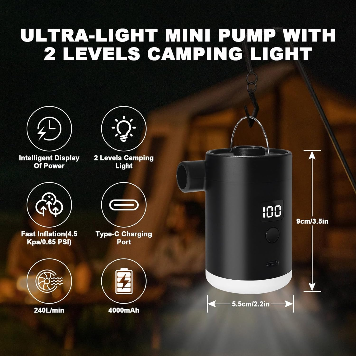 Schwarze Mini-Pumpe mit weißem Text: Intelligente Anzeige, 2 Campinglicht-Stufen, Schnelles Aufpumpen, Typ-C-Anschluss, 240L/min, 4000mAh.