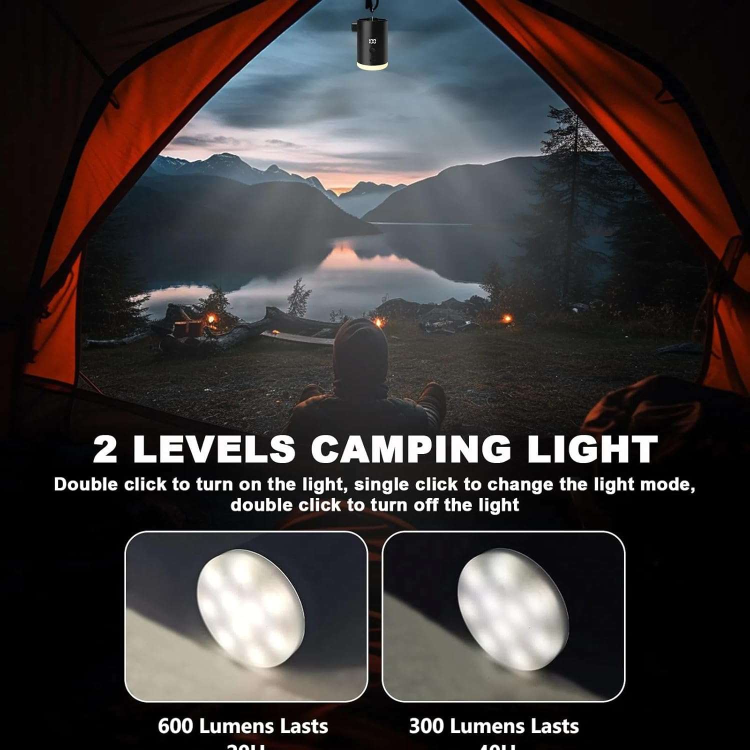 Campinglampe hängt über einem See bei Sonnenuntergang; zwei Lichtmodi angezeigt.