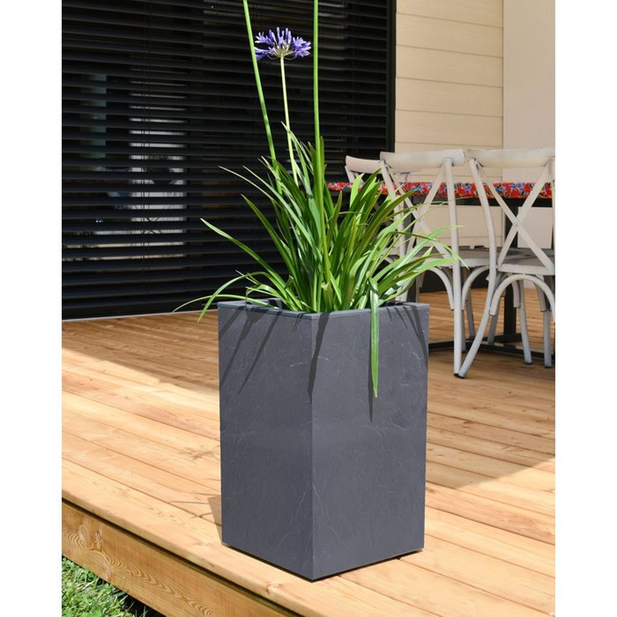 Ein grauer rechteckiger Pflanzkübel mit einer grünen Pflanze und einer blauen Blüte auf einer Holzterrasse.