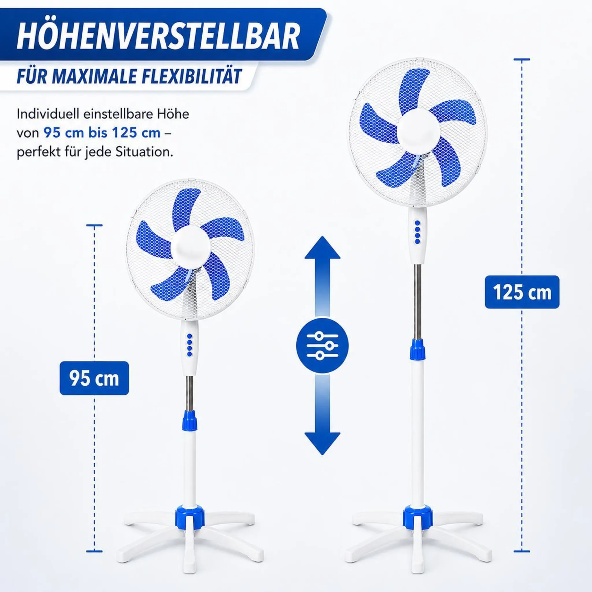 Zwei Standventilatoren, einer 95cm, der andere 125cm hoch, zeigend Höhenverstellbarkeit.