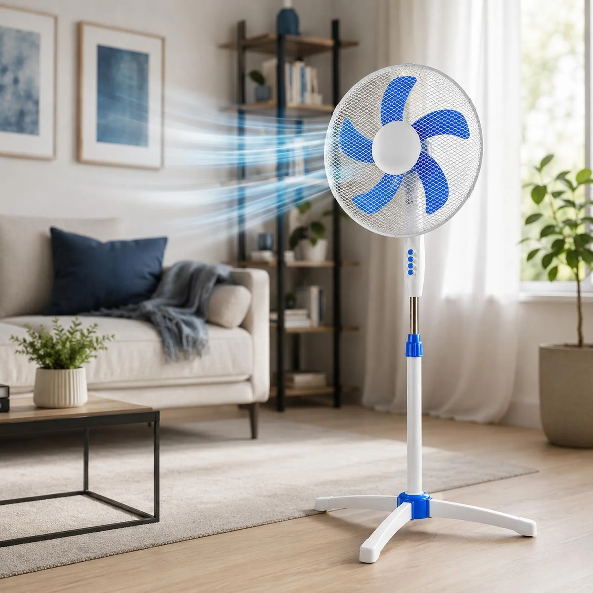 Ein weißer Standventilator mit blauen Flügeln bläst Luft in ein Wohnzimmer.